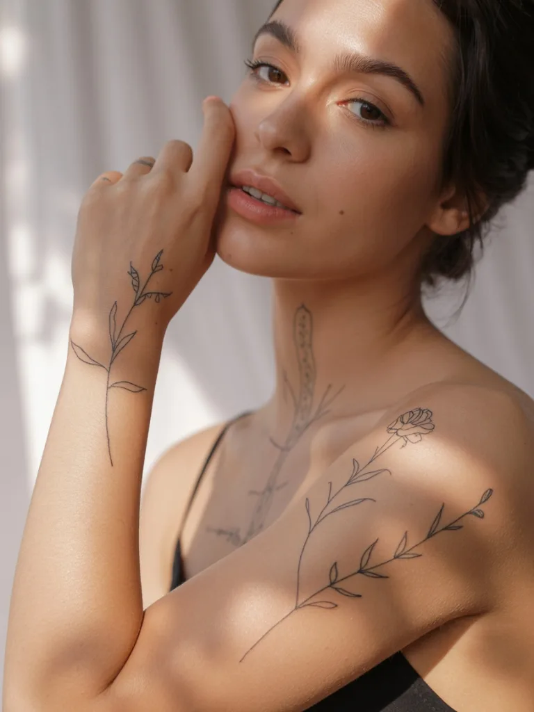 Woman with fine line tattoos on arm and shoulder