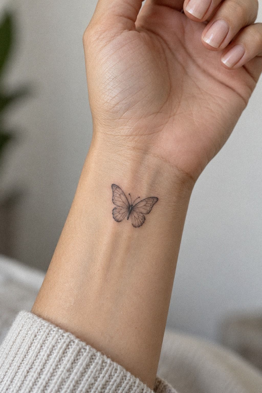 Minimal Butterfly Tattoo Between the Fingers