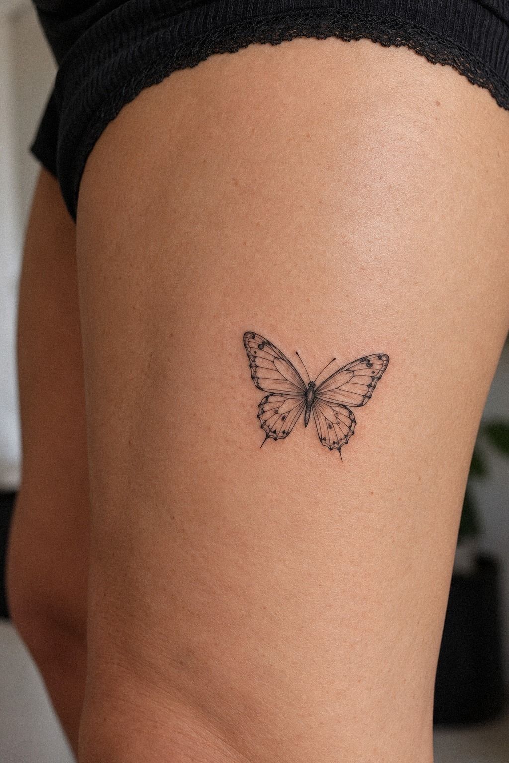 Tiny Blue Delicate Butterfly Tattoo with Linework