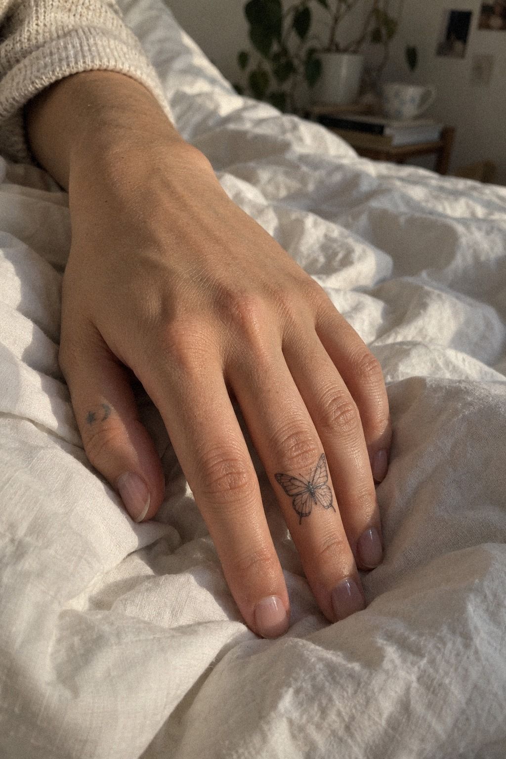 Finger Butterfly Tattoo Designs With Fine Lines