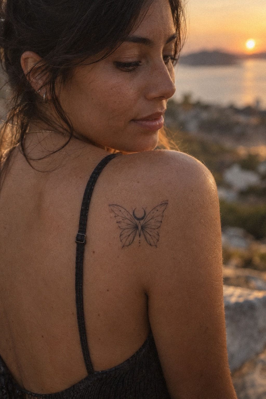 Crescent Moon Butterfly Shoulder Tattoo Designs
