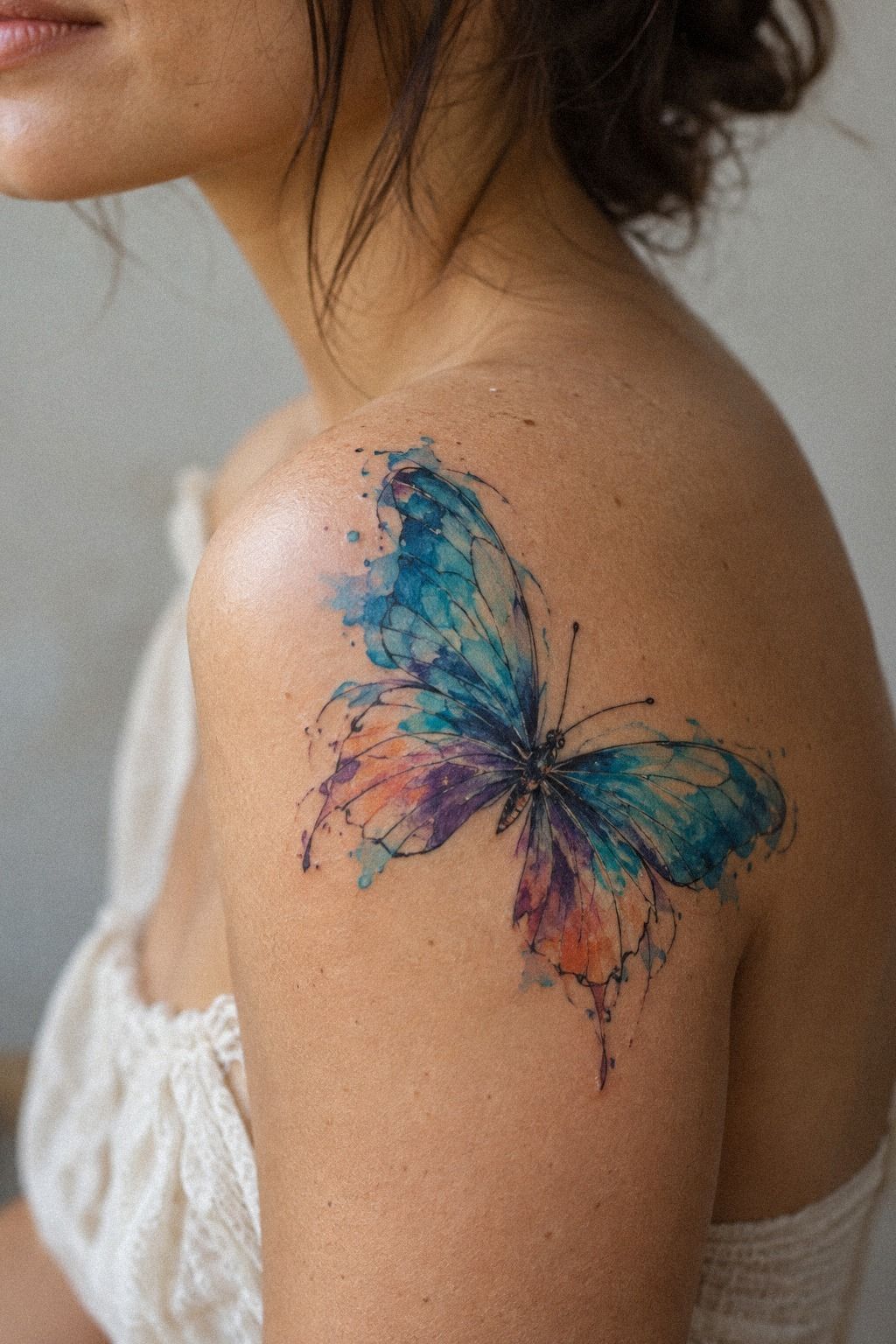 Best Friends, Matching Watercolor Butterfly Tattoos, Different Details